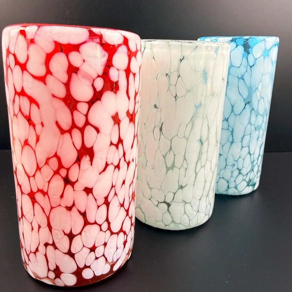 Hand Blown Red White Blue Pebble Art Glass Highball Tumblers 6.5